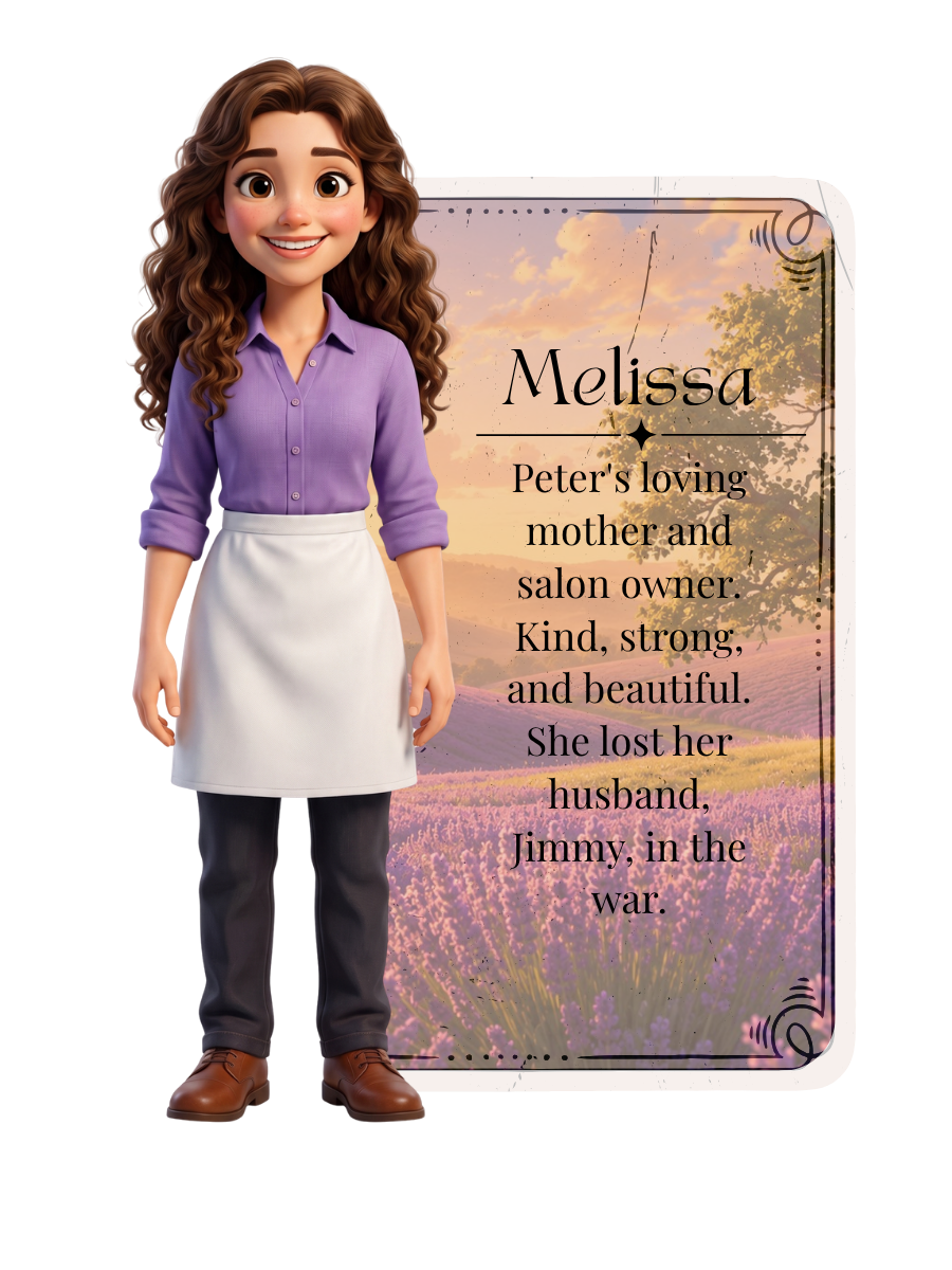 Melissa standing beside her character description.