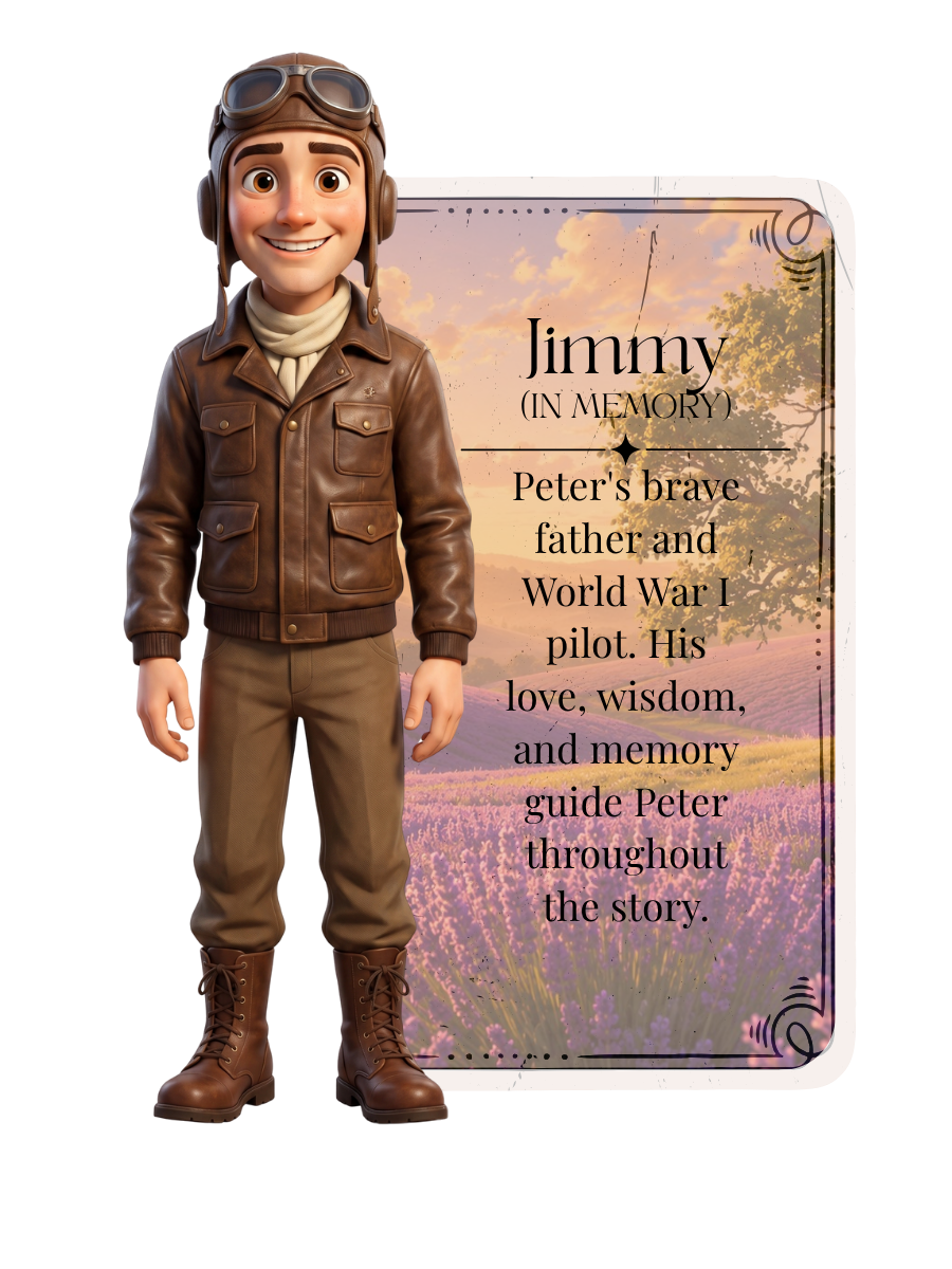 Jimmy in pilot attire beside his character description.