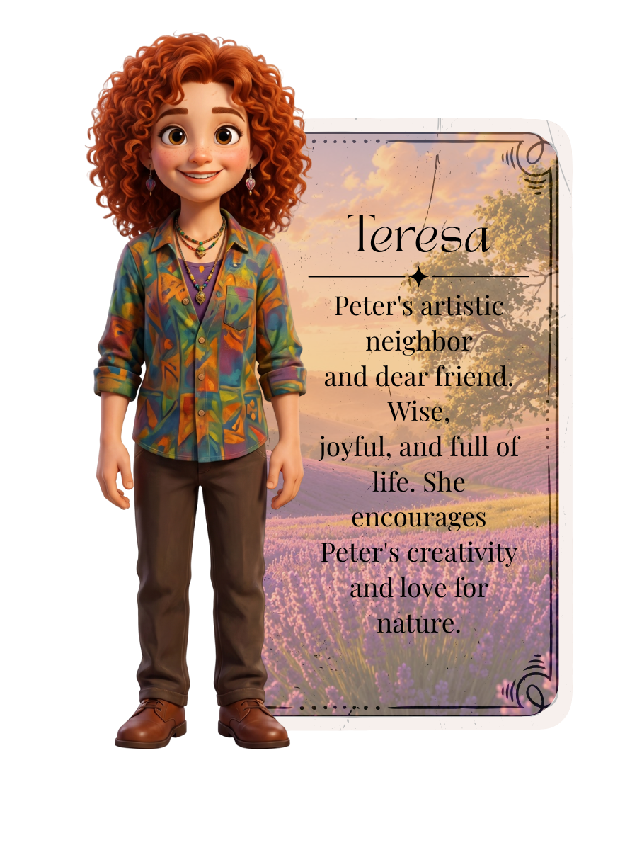 Teresa standing beside her character description.