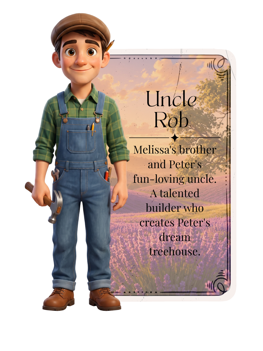 Uncle Rob holding a hammer beside his character description.